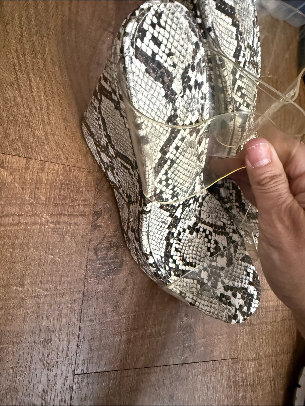 Express Clear-Strap Wedge Sandals in Black and White Snake Print